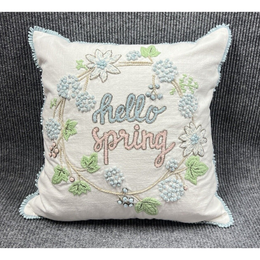 Decorative 3D Pillow Embroidered Floral Throw "HELLO SPRING" 18x18 Large India